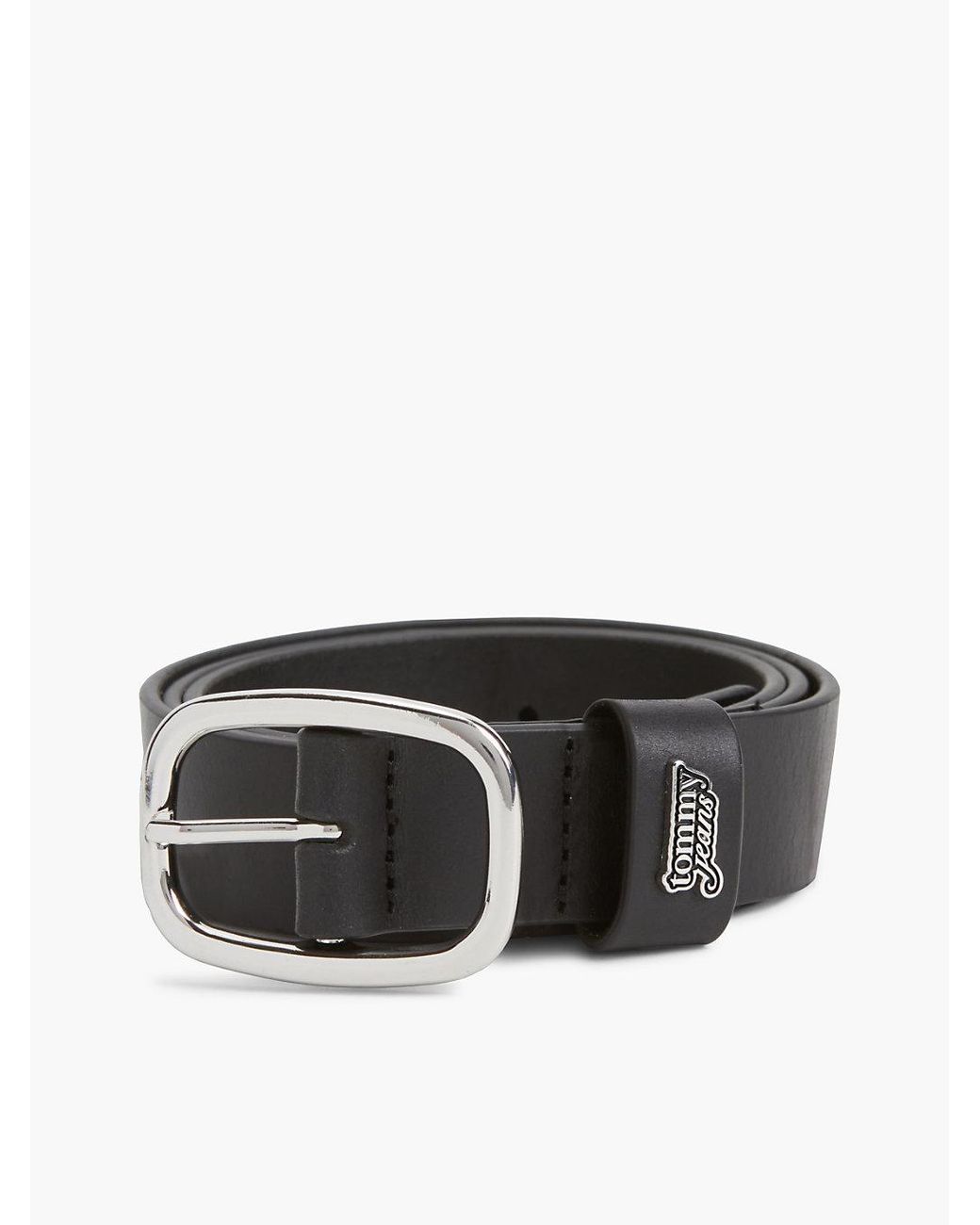 Tommy Hilfiger Black Leather Oval Buckle Logo Plaque Belt
