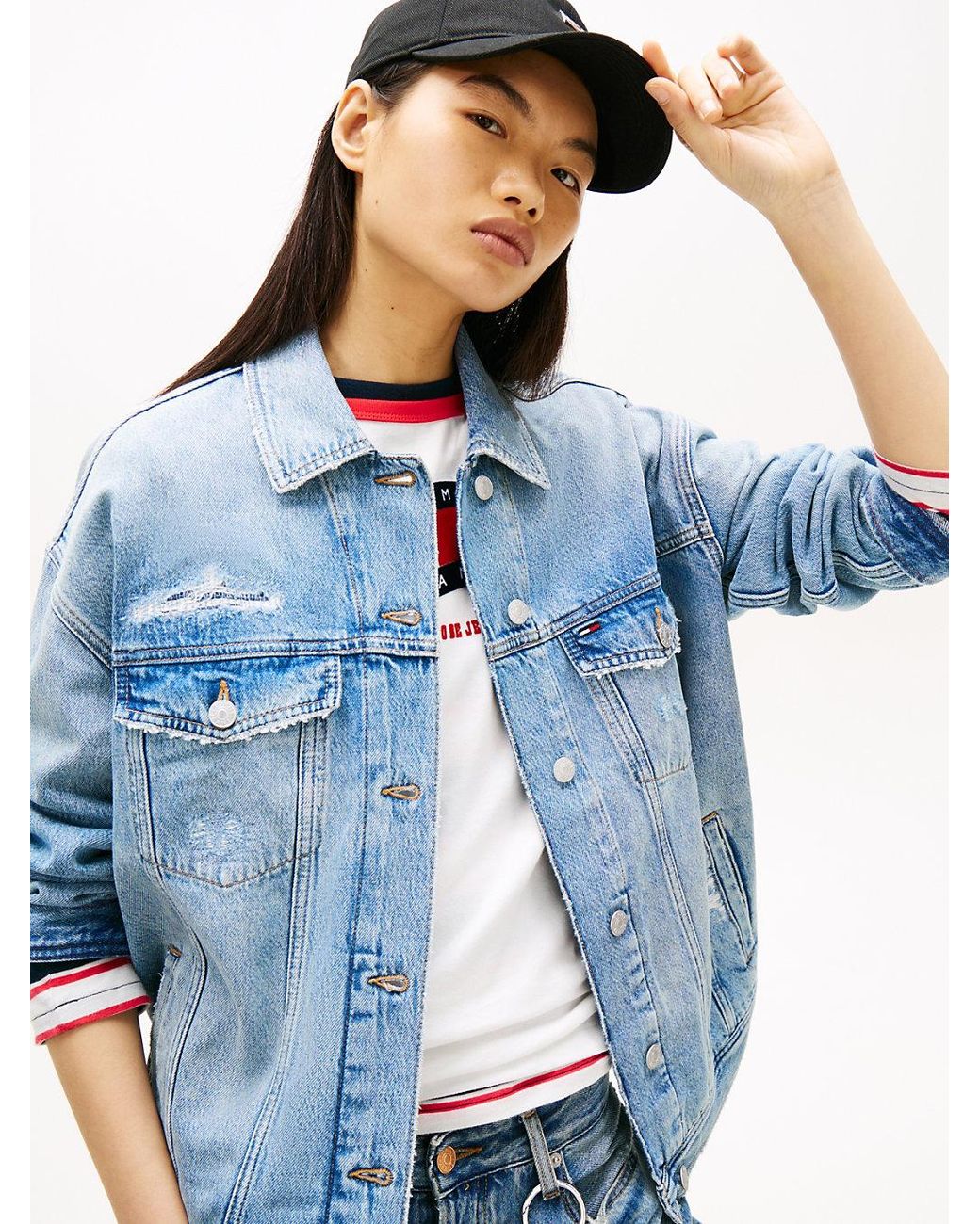 Tommy Hilfiger Blue Distressed Oversized Denim Trucker Jacket