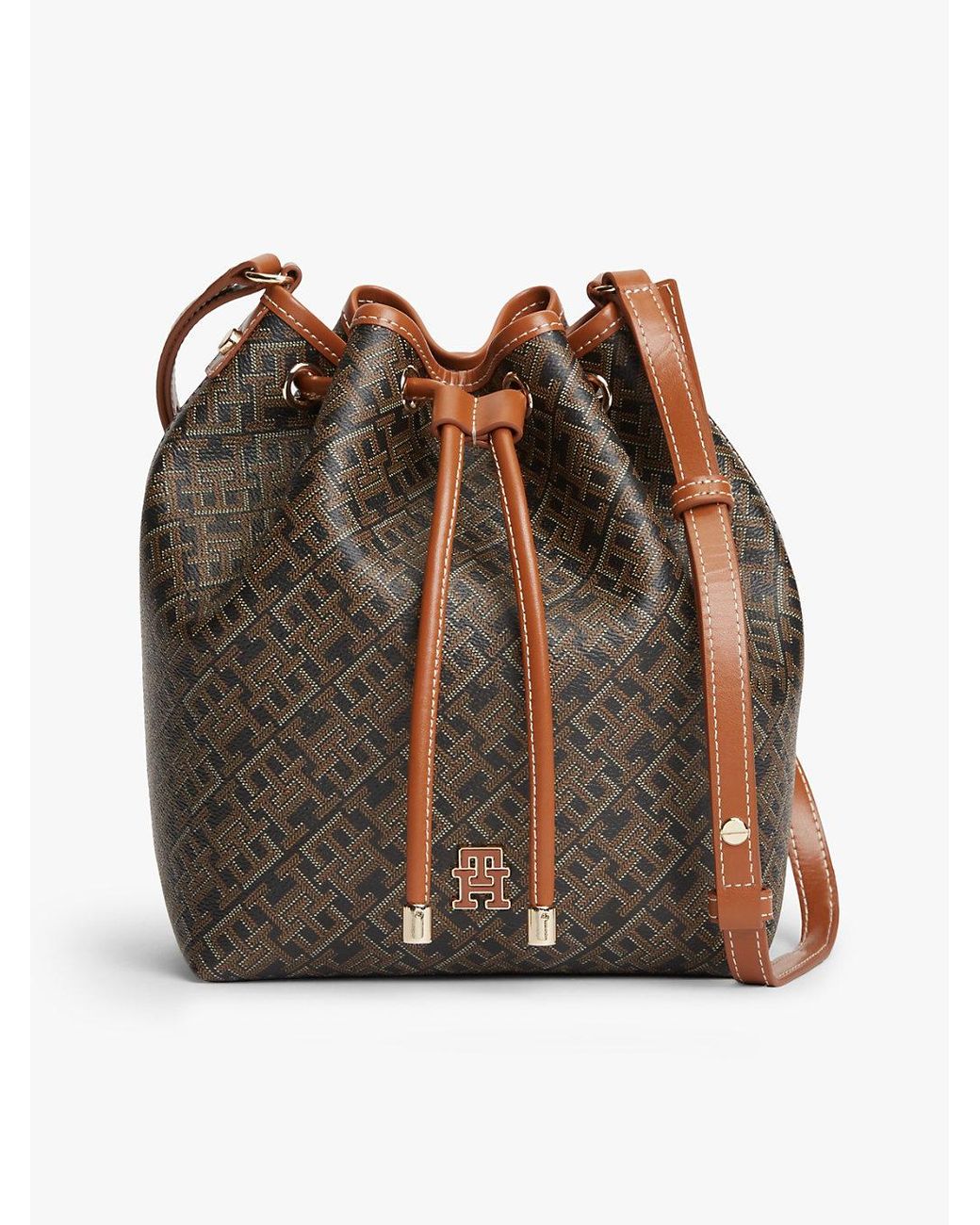 Tommy Hilfiger Brown Th Monoplay Crossbody Drawstring Bucket Bag