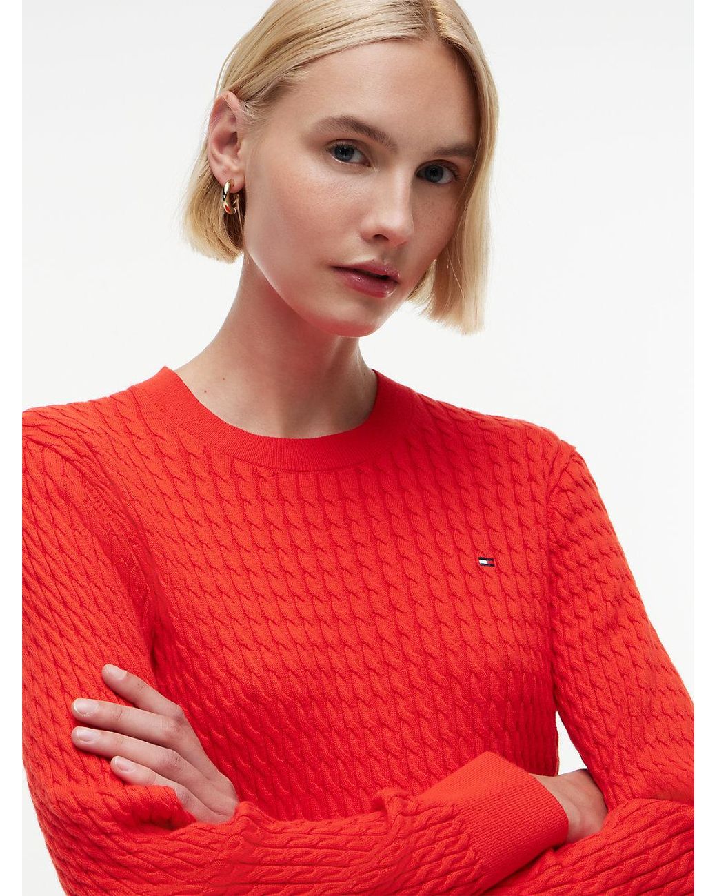 Tommy Hilfiger Red Fine Cable Knit Crew Neck Jumper