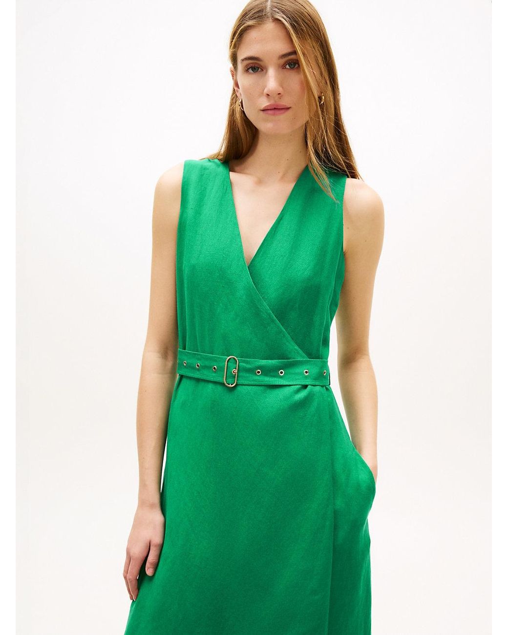 Tommy Hilfiger Green Belted Linen Blend Sleeveless Wrap Midi Dress
