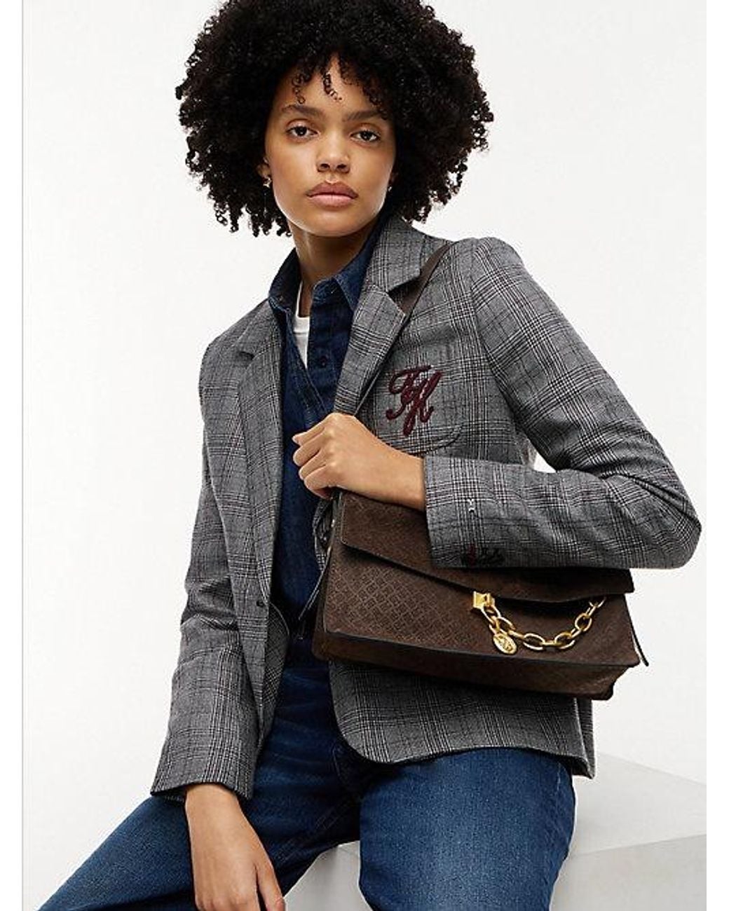 Tommy Hilfiger White Suede Th Monogram Chain Shoulder Bag