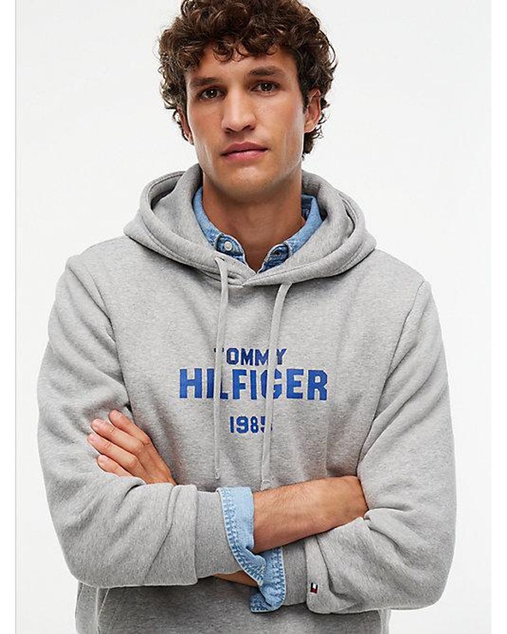 Tommy Hilfiger Gray Logo Embroidery Fleece Hoody for men