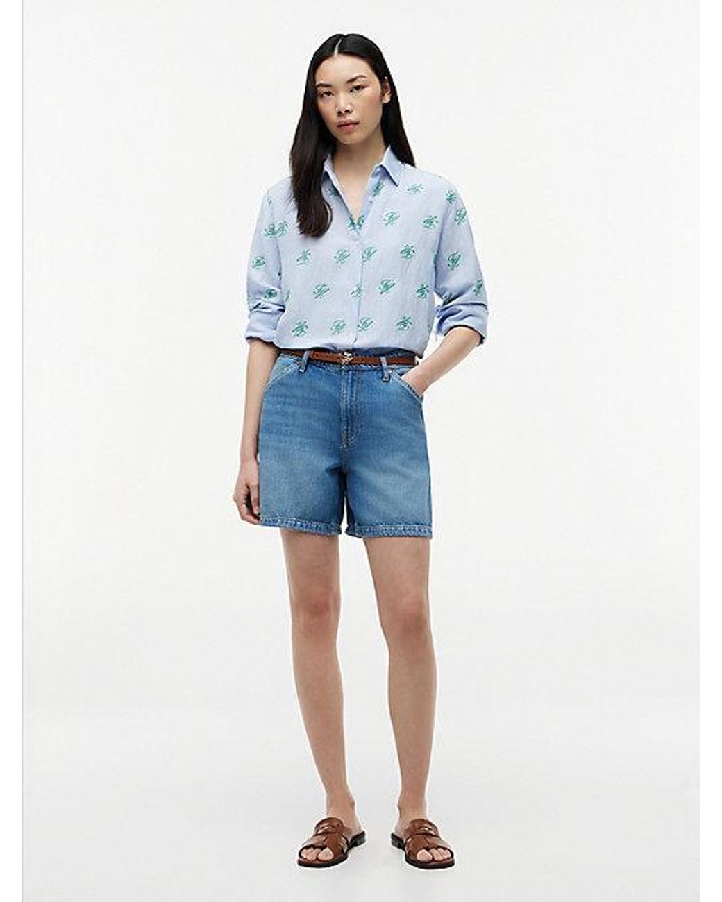 Tommy Hilfiger Blue Logo Embroidery Linen Blend Shirt