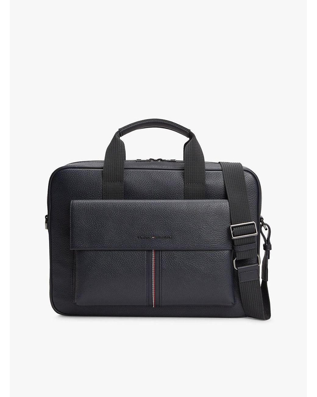 Tommy Hilfiger Black Flap Pocket Pebble Grain Laptop Bag for men