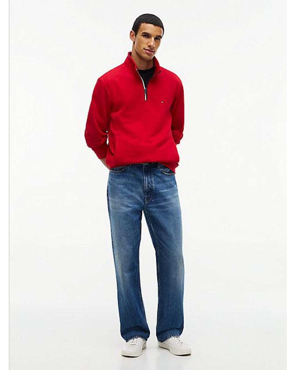 Tommy Hilfiger Red Global Stripe Terry Quarter Zip Sweatshirt for men