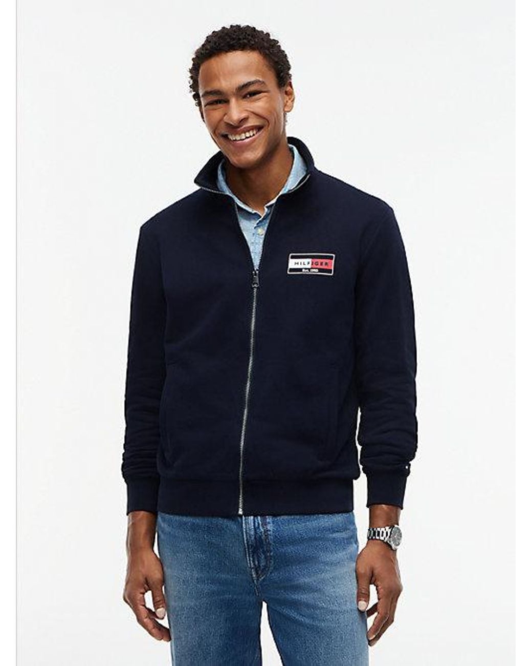 Tommy Hilfiger Blue Logo Zip Thru Terry Sweatshirt for men