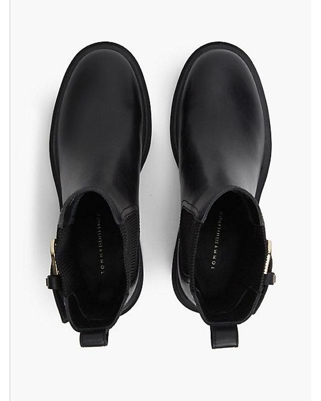 Tommy Hilfiger Black Leather Buckle Block Heel Chelsea Boots