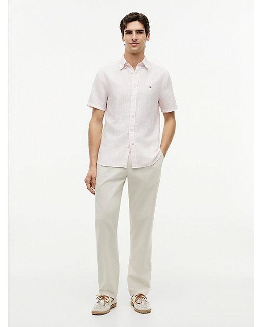 Tommy Hilfiger White Regular Linen Blend Bengal Stripe Short Sleeve Shirt for men