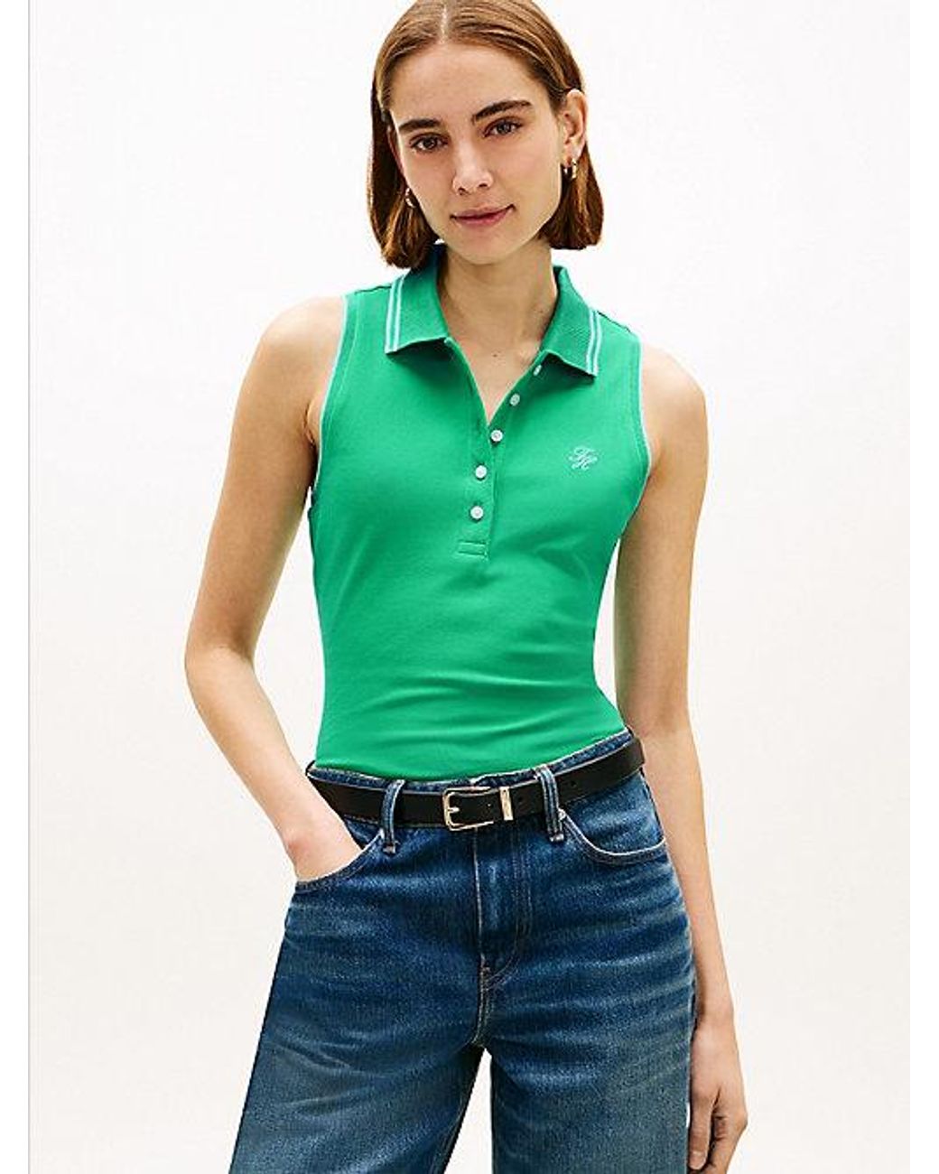 Tommy Hilfiger Green 1985 Slim Fit Pique Sleeveless Polo Shirt
