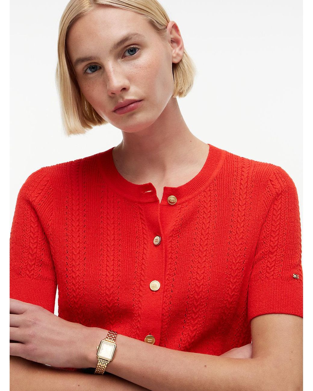 Tommy Hilfiger Red Pointelle-Tone Button Short Sleeve Cardigan