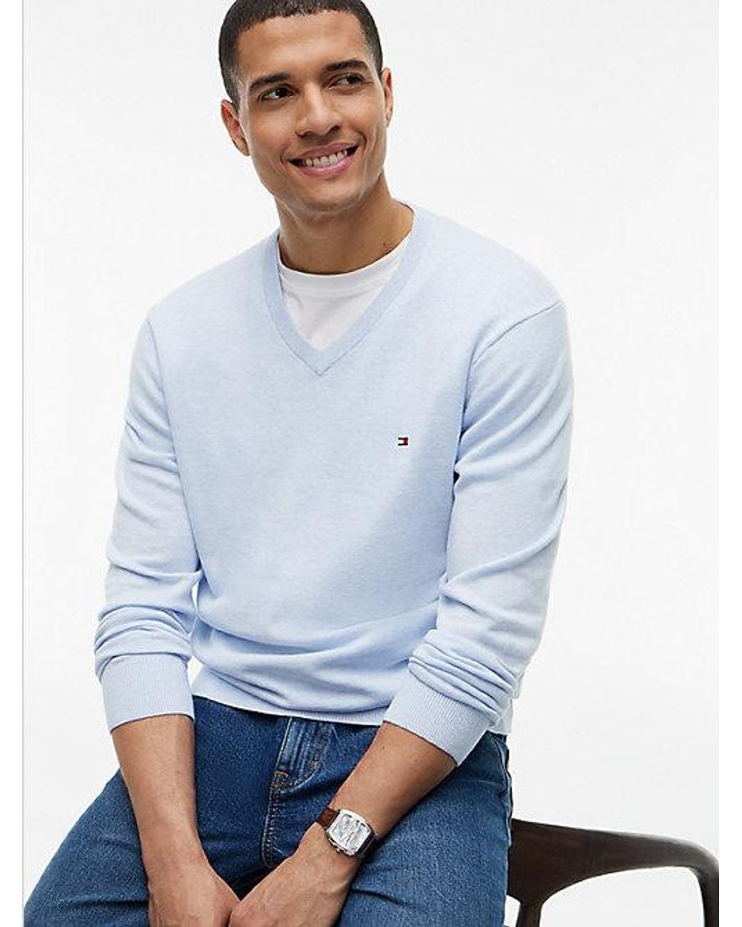 Tommy Hilfiger Blue Flag Embroidery V Neck Jumper for men