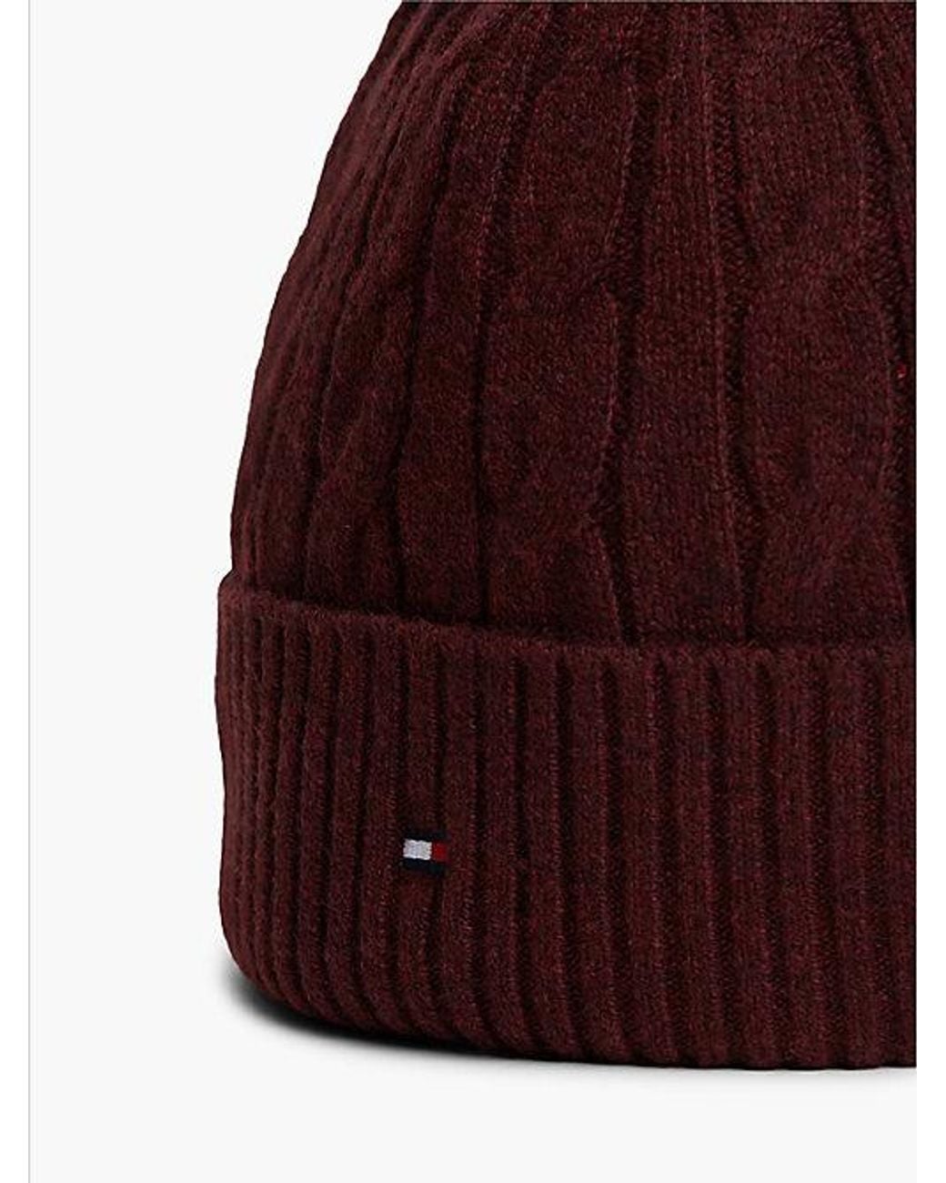 Tommy Hilfiger Red Lambswool Blend Cable Knit Flag Beanie for men