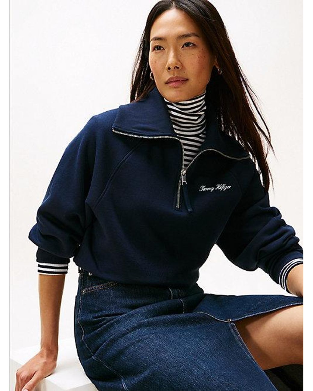 Tommy Hilfiger Blue Interlock Knit Fleece Quarter-zip Jumper
