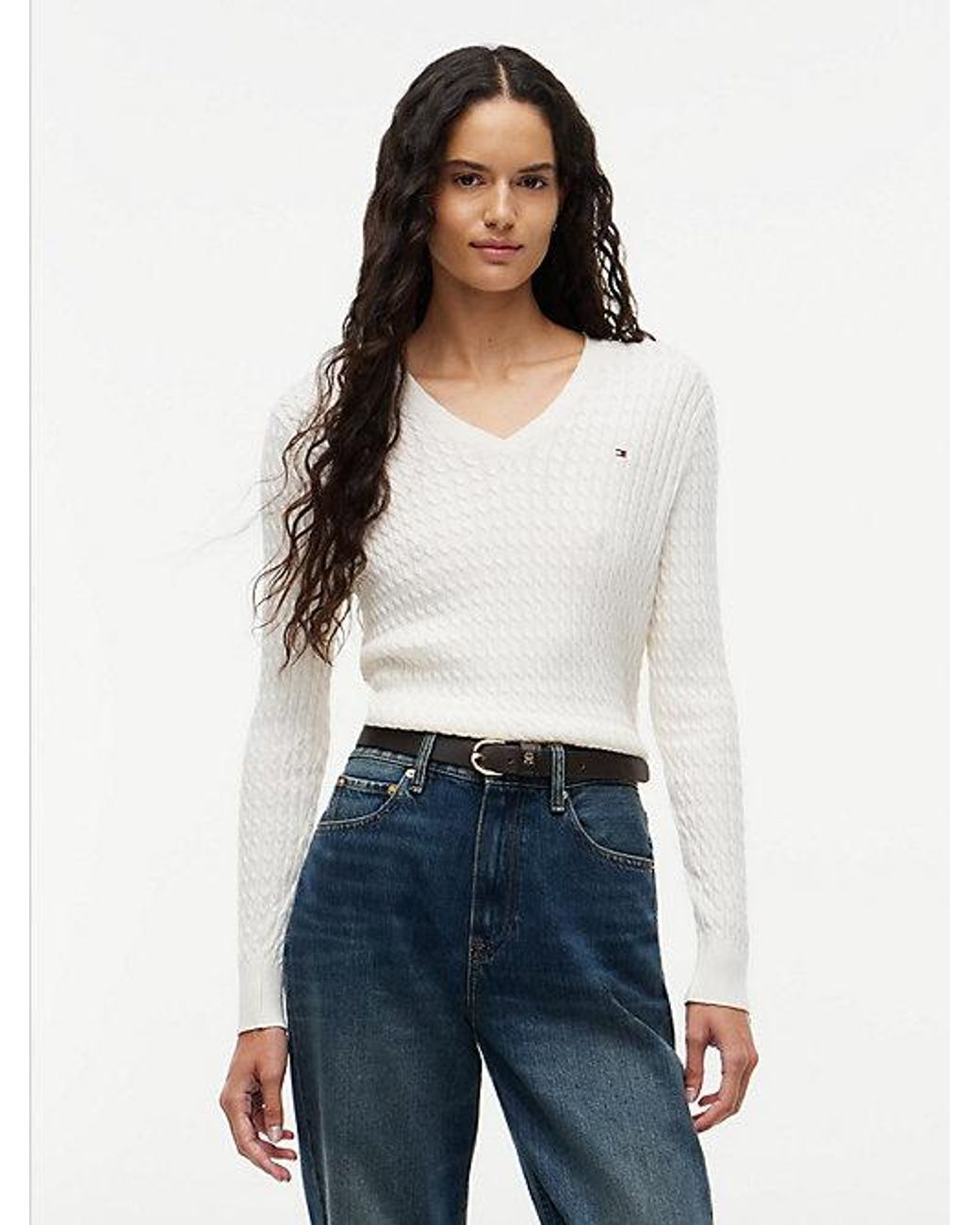 Tommy Hilfiger White Fine Cable Knit Slim Jumper