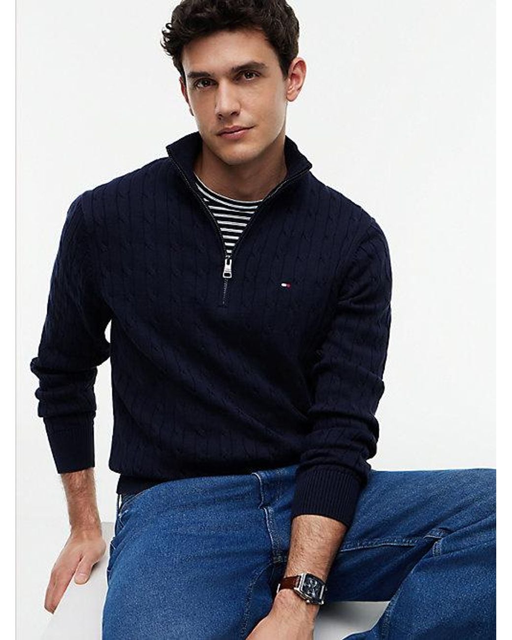 Tommy Hilfiger Blue Cable Knit Quarter Zip Jumper for men