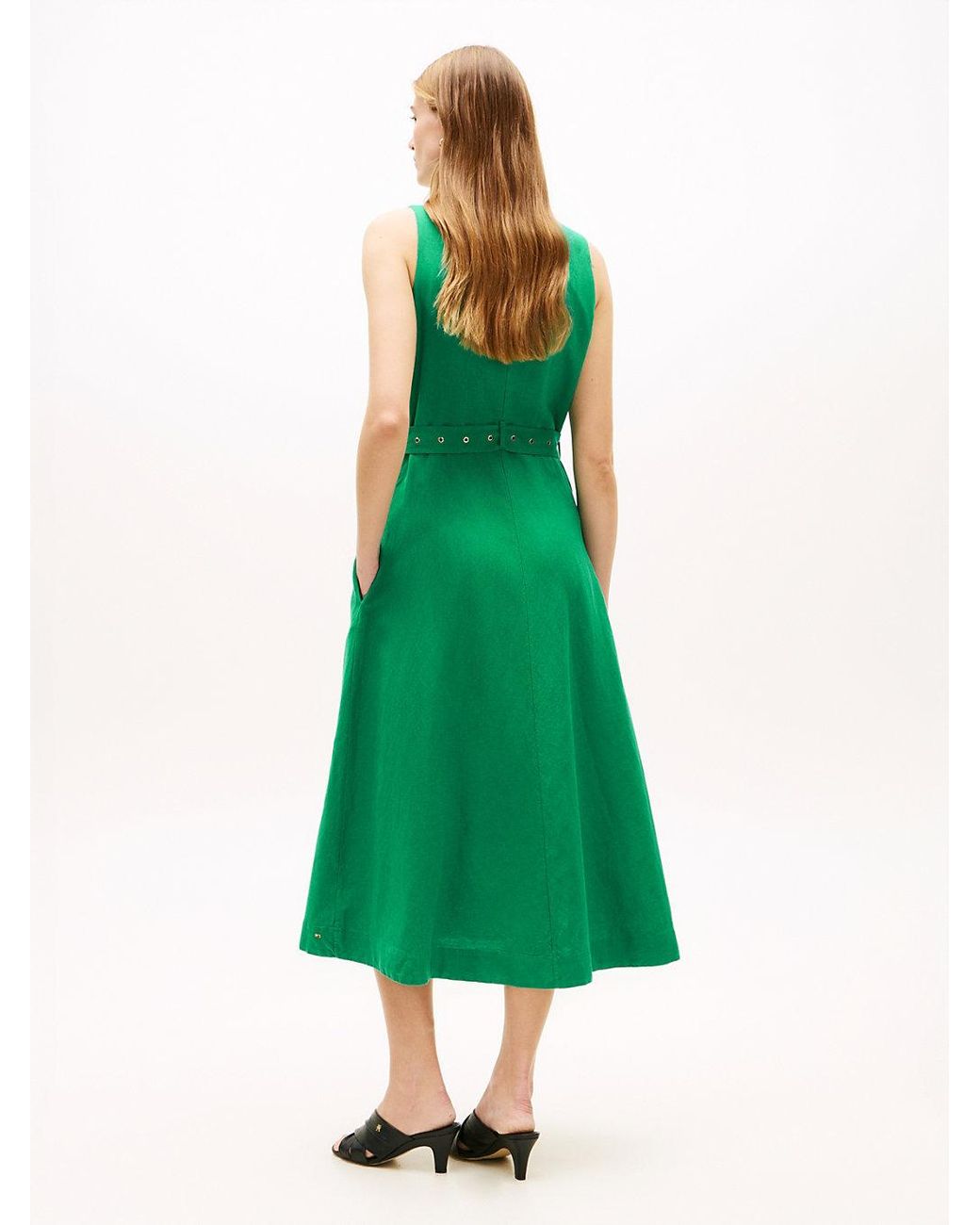 Tommy Hilfiger Green Belted Linen Blend Sleeveless Wrap Midi Dress