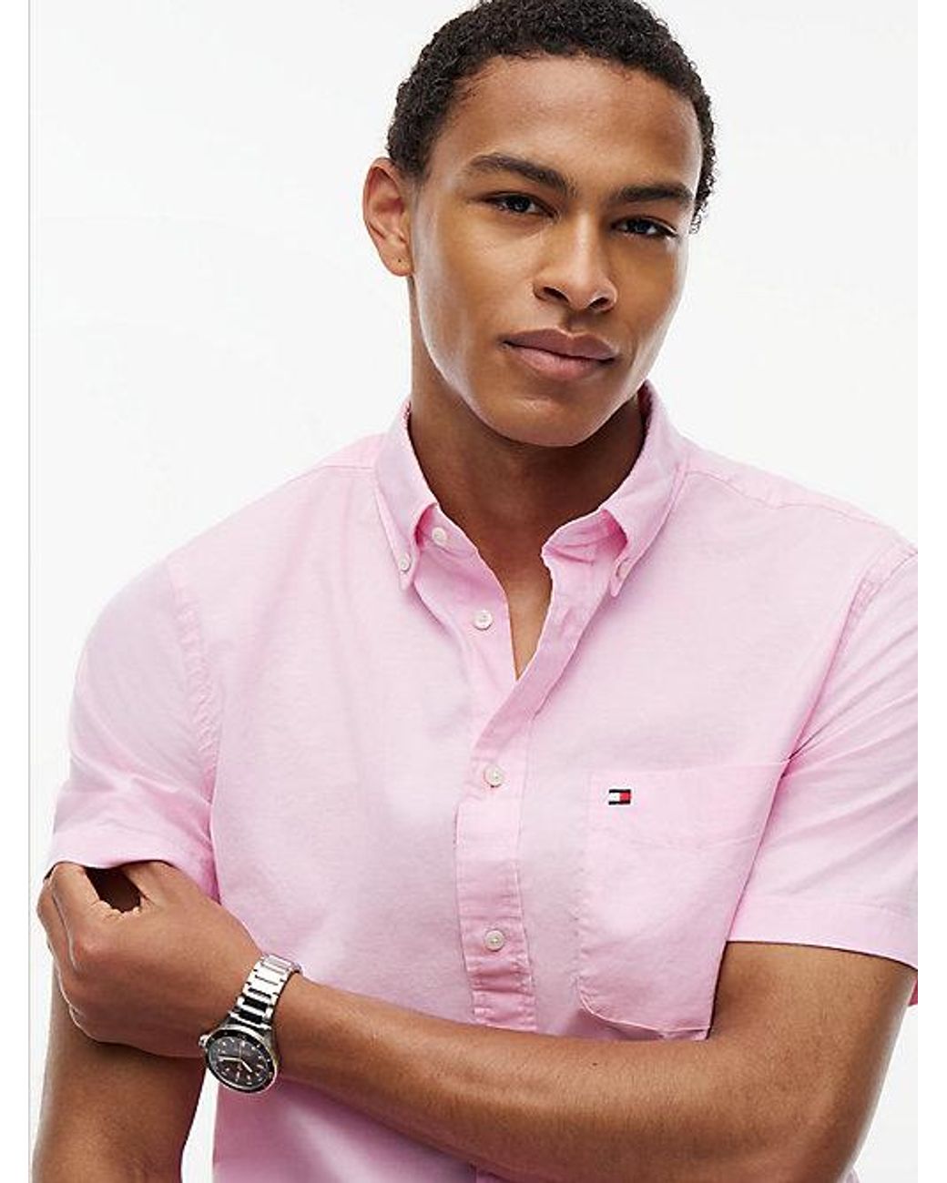Tommy Hilfiger Pink Regular Fit Lightweight Short Sleeve Oxford Shirt for men