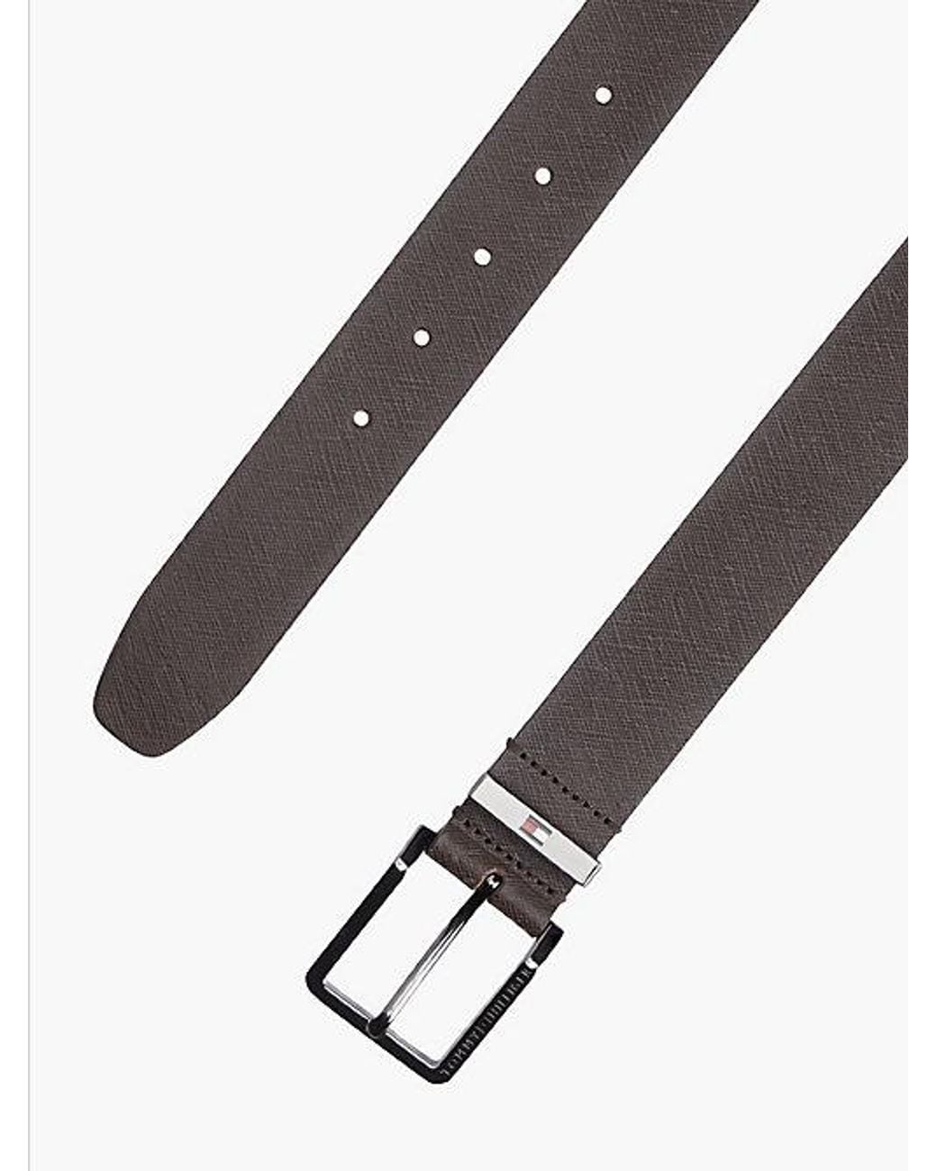 Tommy Hilfiger Brown Leather Logo Square Buckle Textured Belt for men