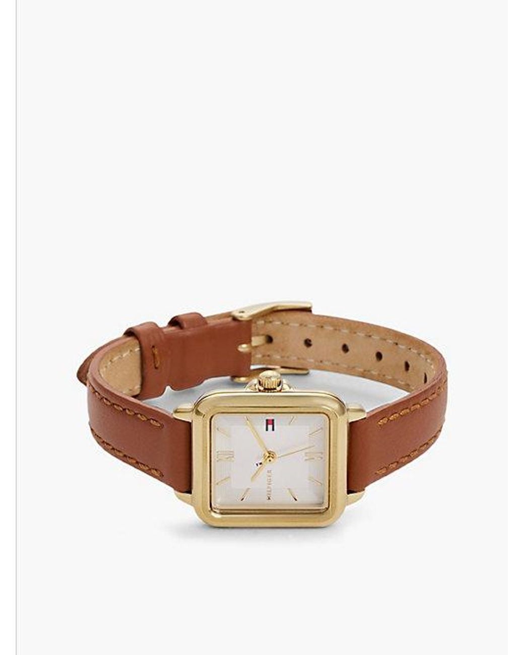 Tommy Hilfiger White Rectangular Dial Leather Strap Plated Watch