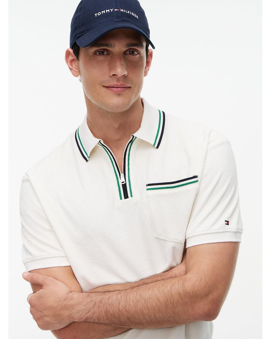 Tommy Hilfiger White Classic Fit Tipped Towelling Zip Polo Shirt for men