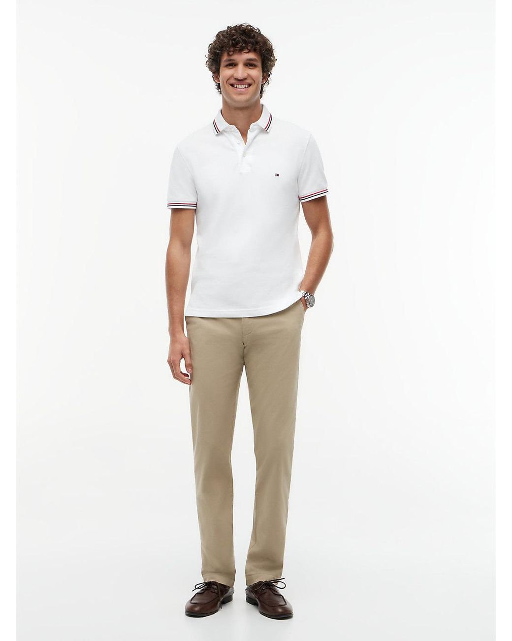 Tommy Hilfiger White S Short Sleeve Casual Polo Shirts In Slim Fit With Stretch And Cuff Designs for men
