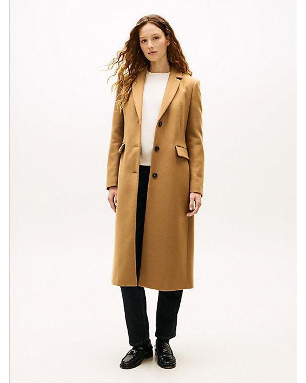 Tommy Hilfiger Natural Wool Blend Longline Coat With Cashmere