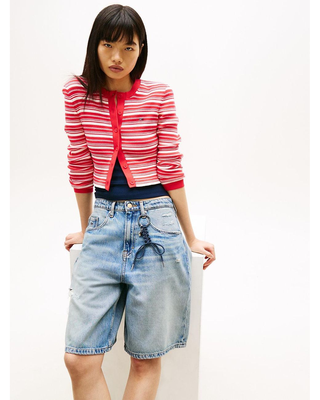 Tommy Hilfiger Red Stripe Slim Crew Neck Cardigan