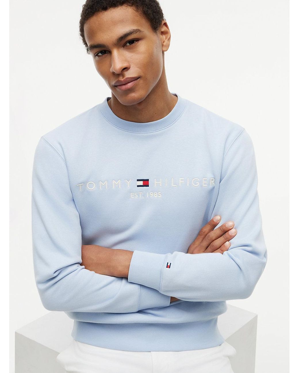 Tommy Hilfiger Blue Logo Fleece Crew Neck Sweatshirt for men