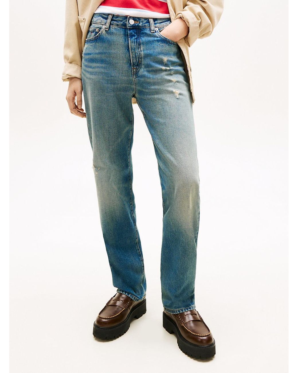 Tommy Hilfiger Blue Distressed Mid Rise Slim Straight Leg Jeans