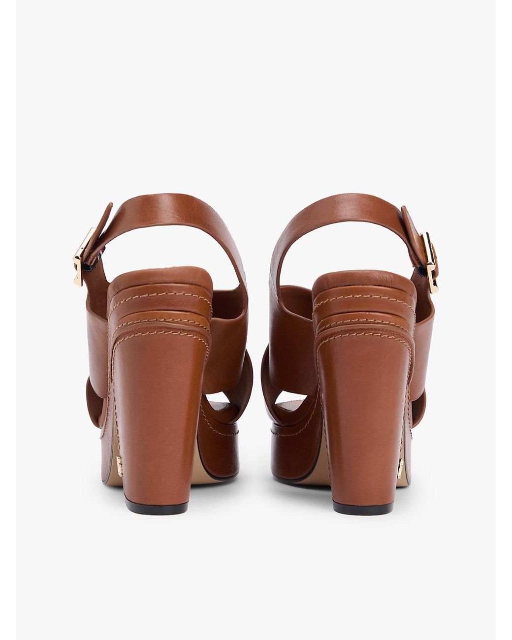 Tommy Hilfiger Brown Leather Crossover Strap Block Heel Sandals
