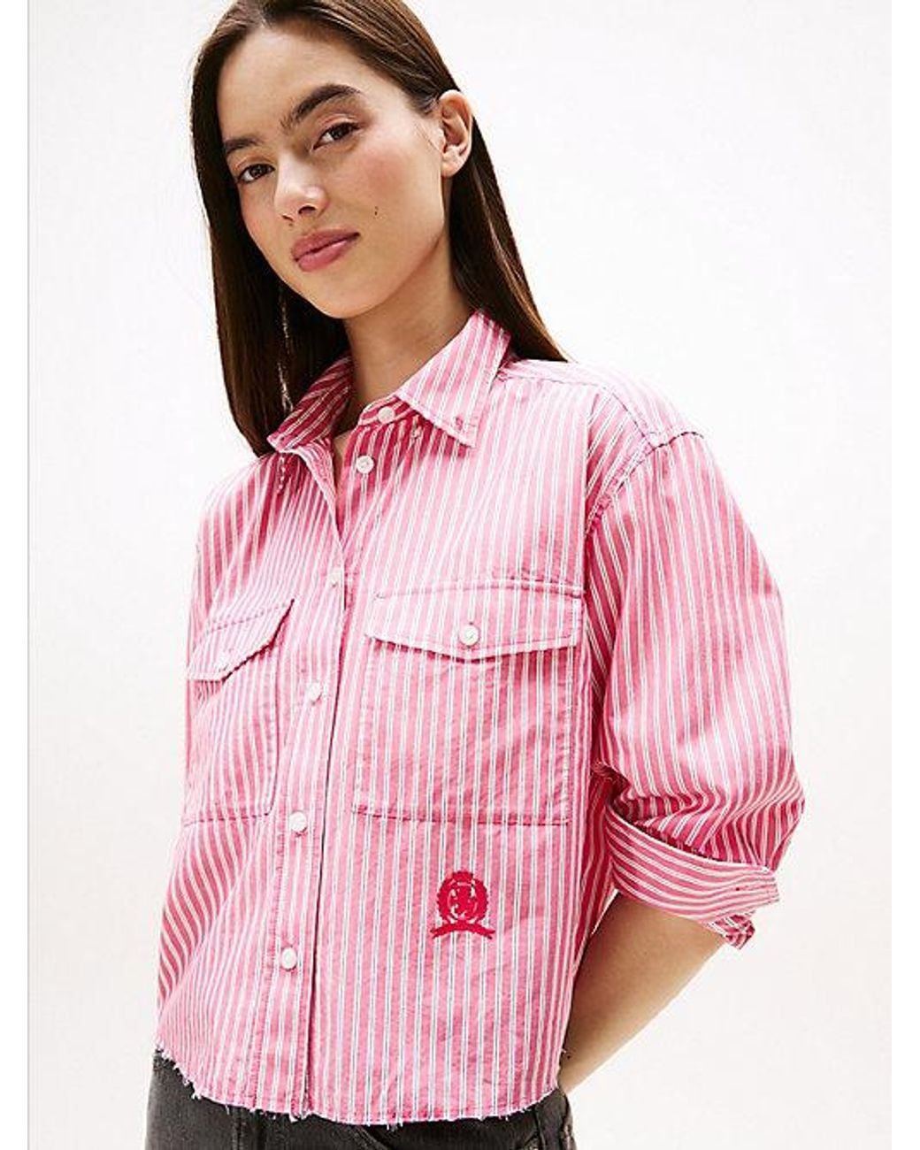 Tommy Hilfiger Pink Crest Embroidery Relaxed Fit Cropped Shirt