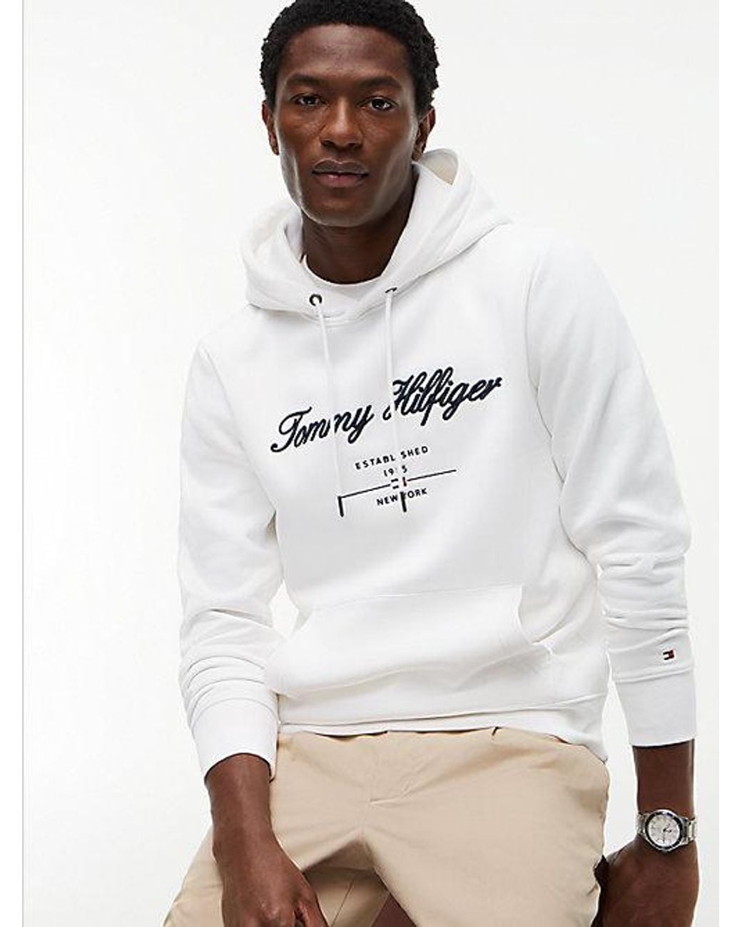 Tommy Hilfiger White Logo Embroidery Fleece Hoody for men