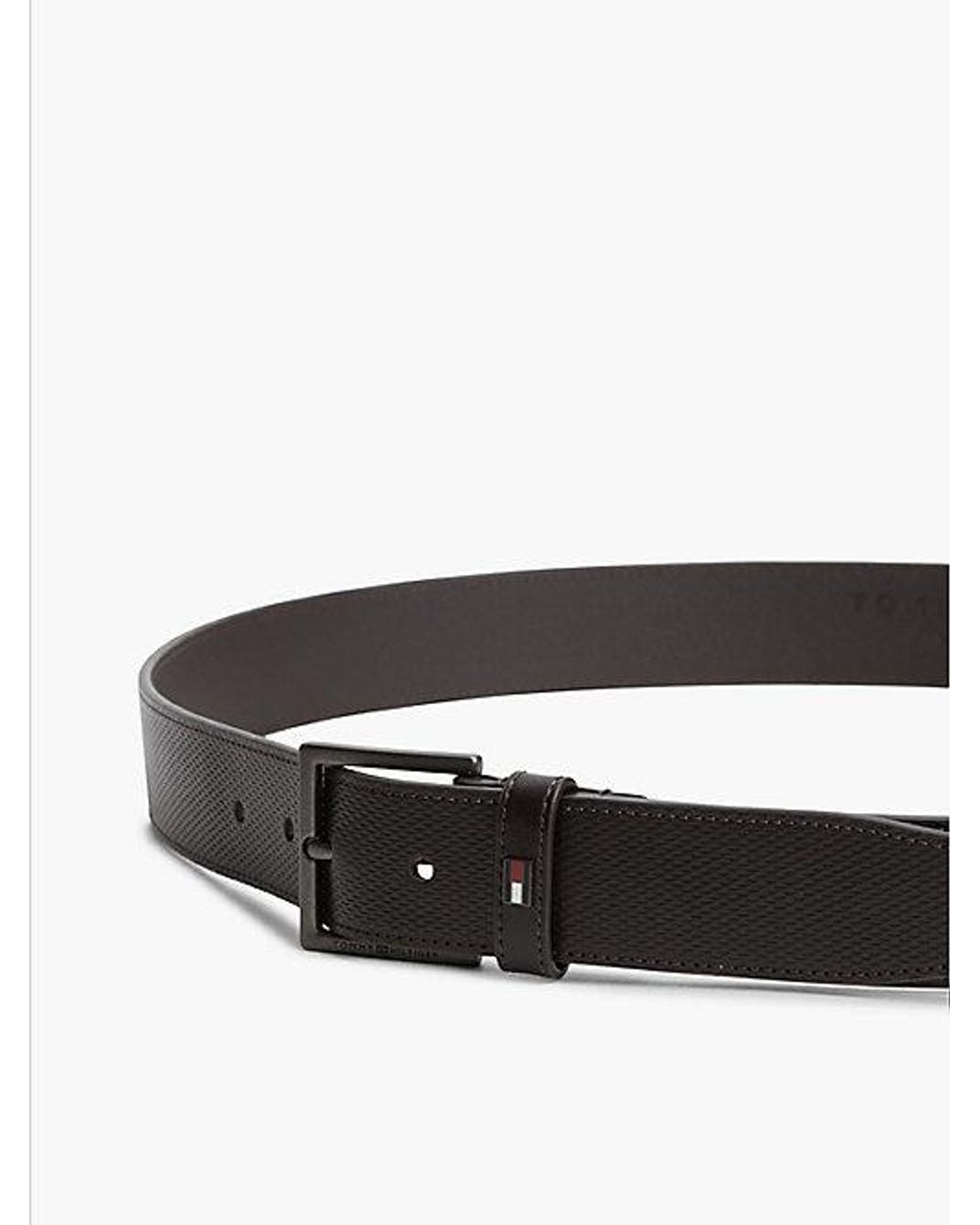 Tommy Hilfiger Black Leather Tonal Square Buckle Textured Belt for men