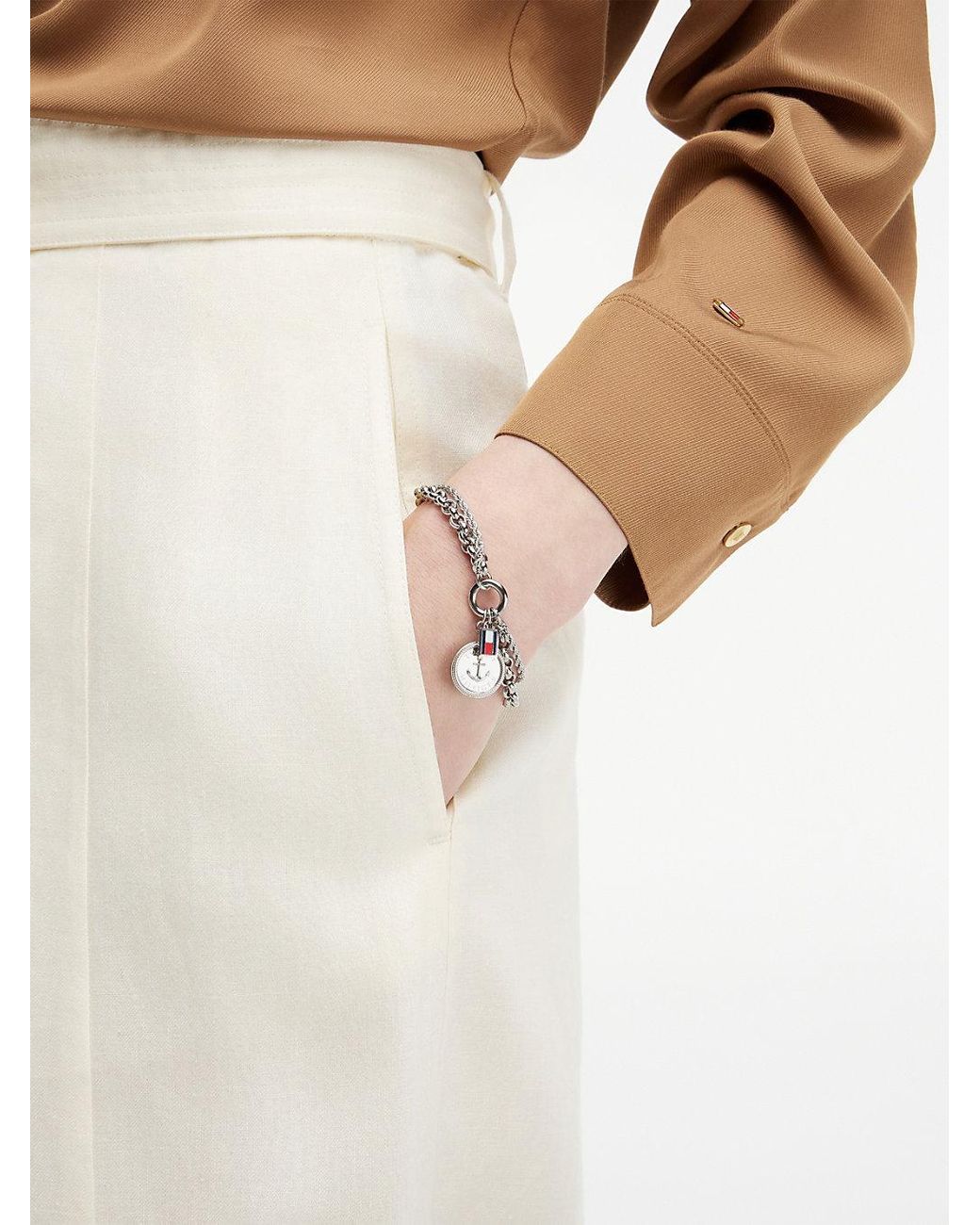 Tommy Hilfiger White Stainless Steel Double Chain Nautical Charm Bracelet