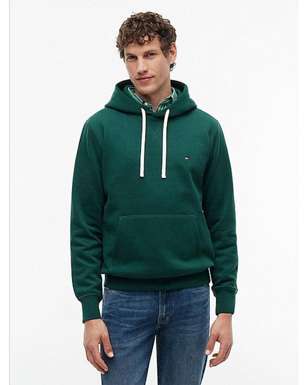 Tommy Hilfiger Green Peached Fleece Contrast Drawstring Hoody for men