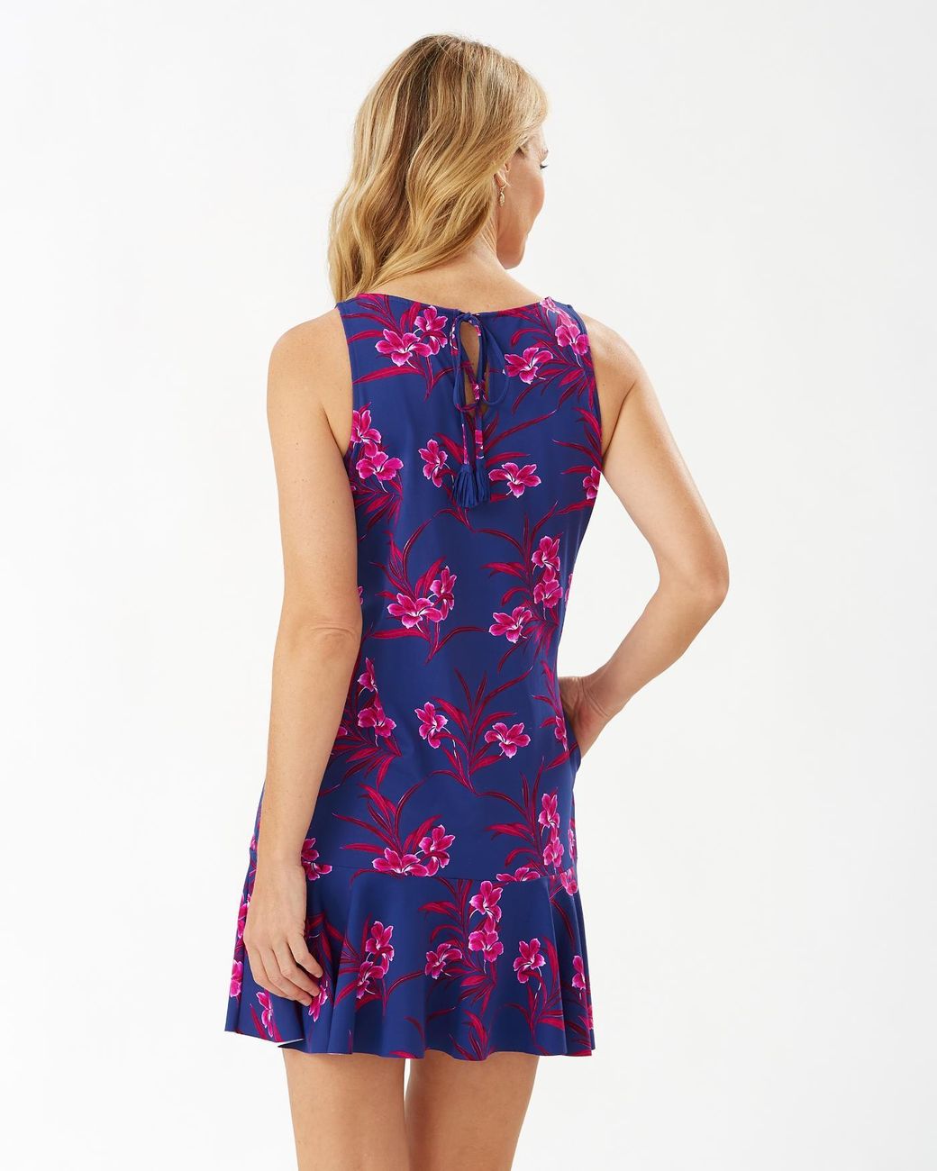 oasis stripe and palm halter dress