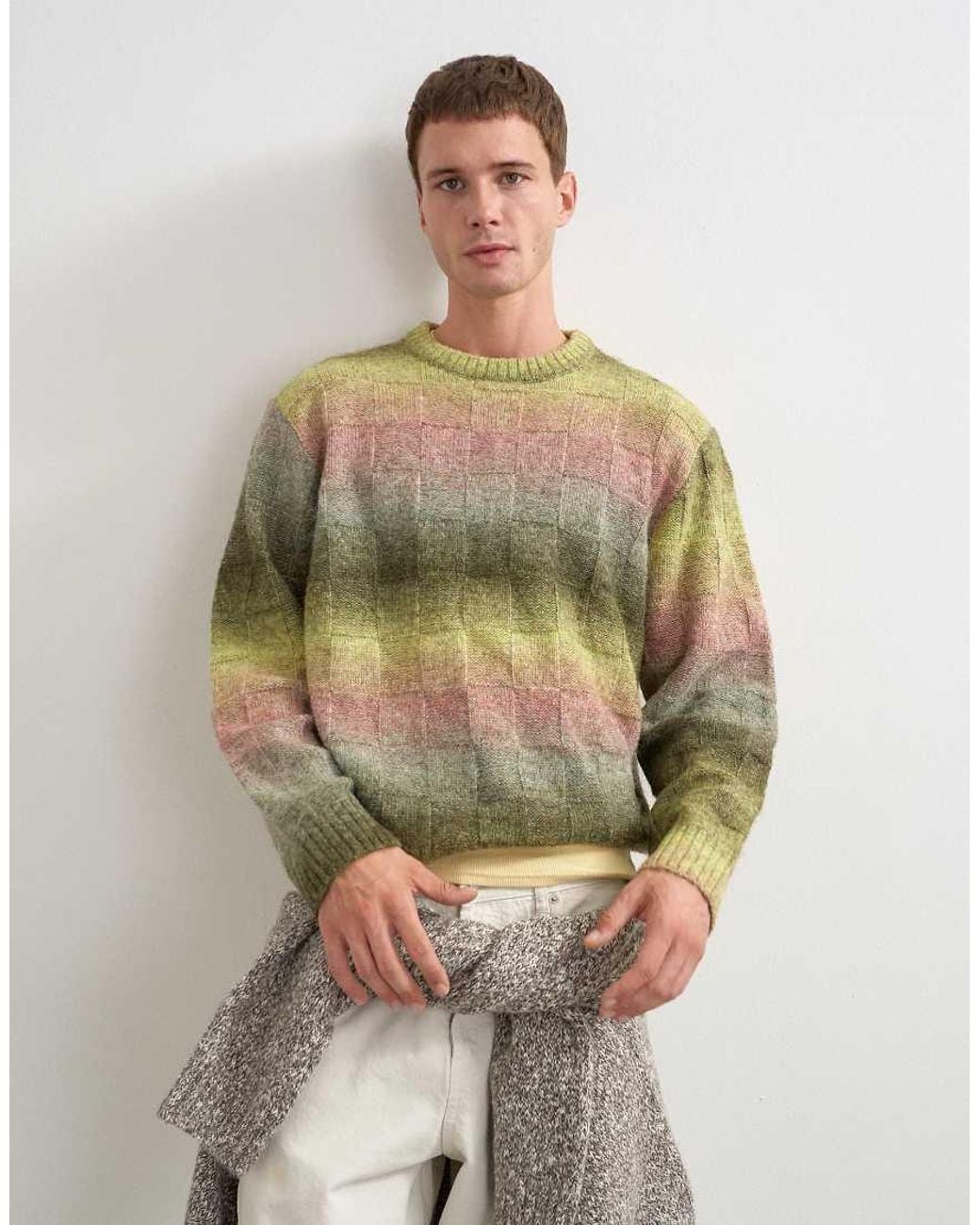 Topman Green Relaxed Fit Knitted Space Dye Knitted Jumper With Check Design for men