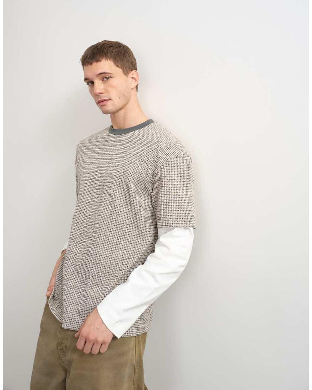 Topman Gray Relaxed Fit Double Layered Waffle T-Shirt for men