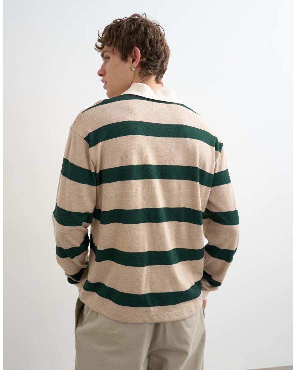 Topman Green Relaxed Cropped Long Sleeve Rugby Polo for men