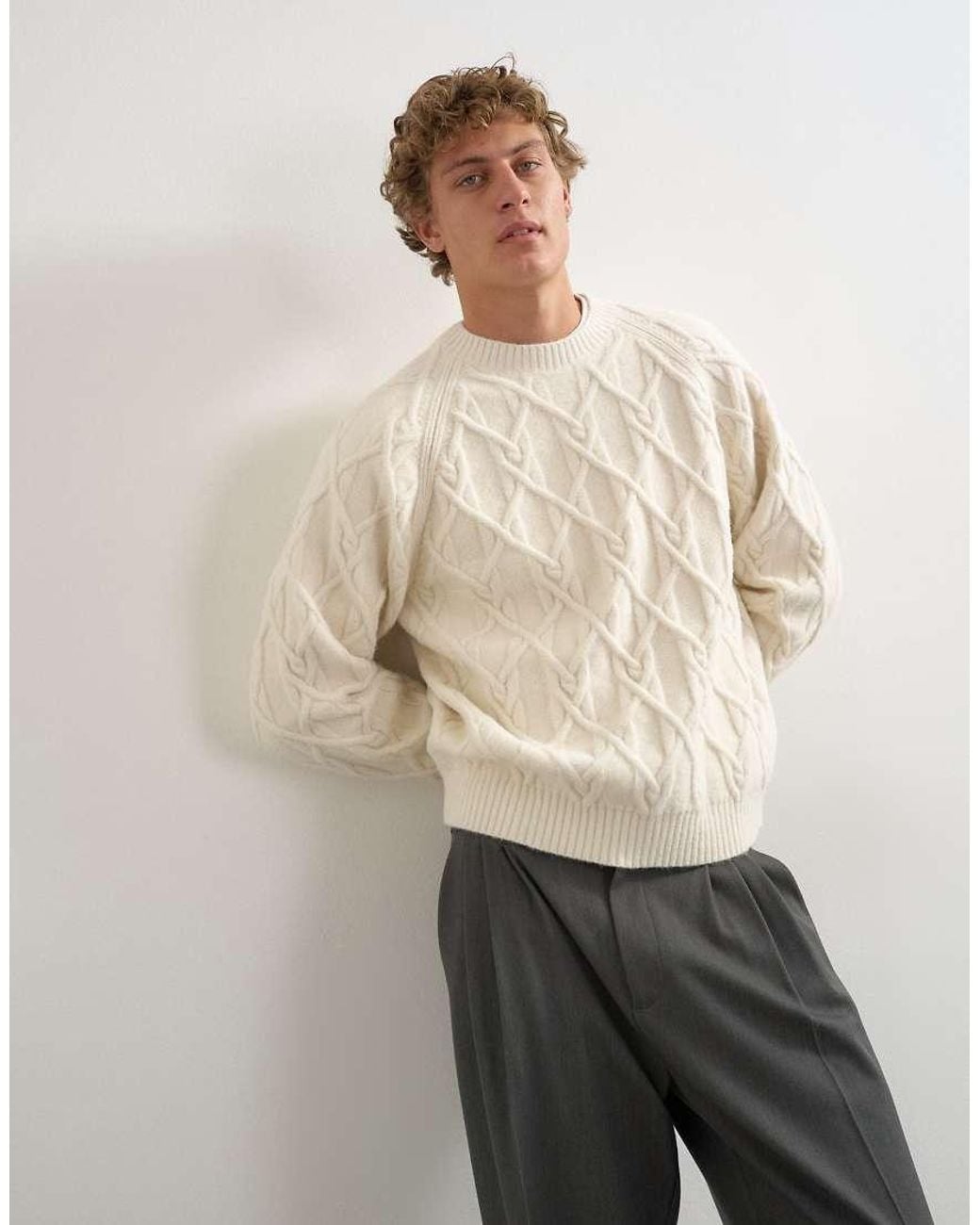 Topman Natural Relaxed Fit Knitted Cable Jumper for men