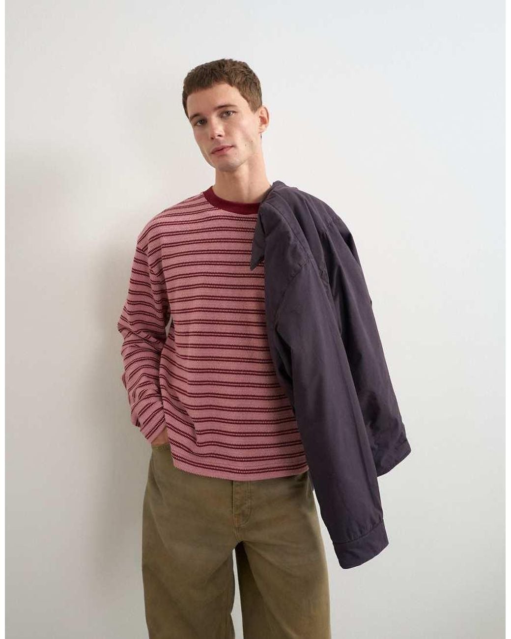 Topman Relaxed Fit Crop Long Sleeve T-Shirt With Textured Stripe for men