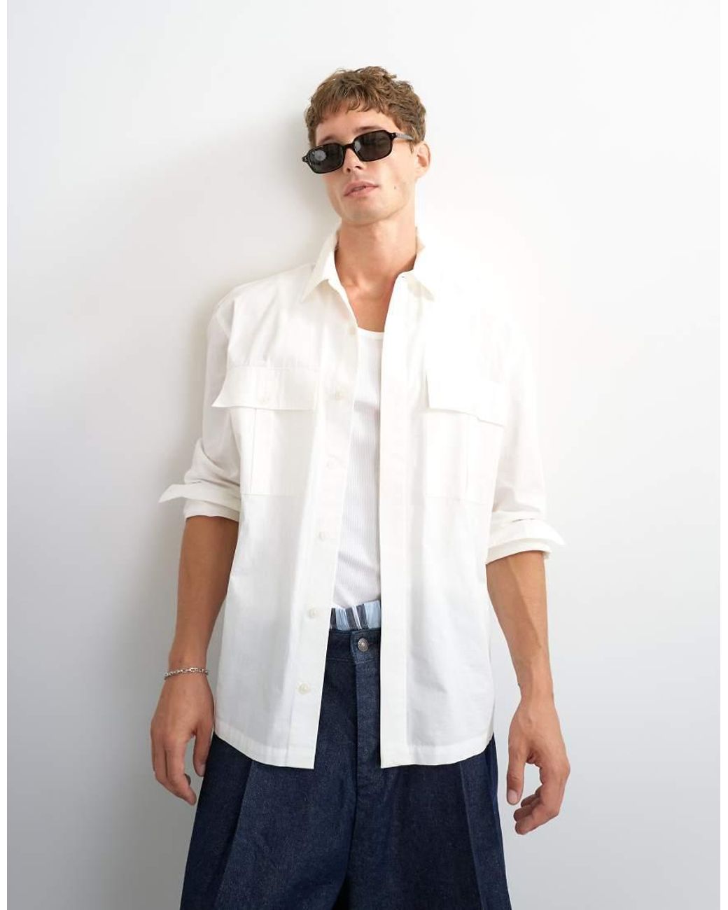 Topman White Relaxed Fit Poplin Utility Shirt for men