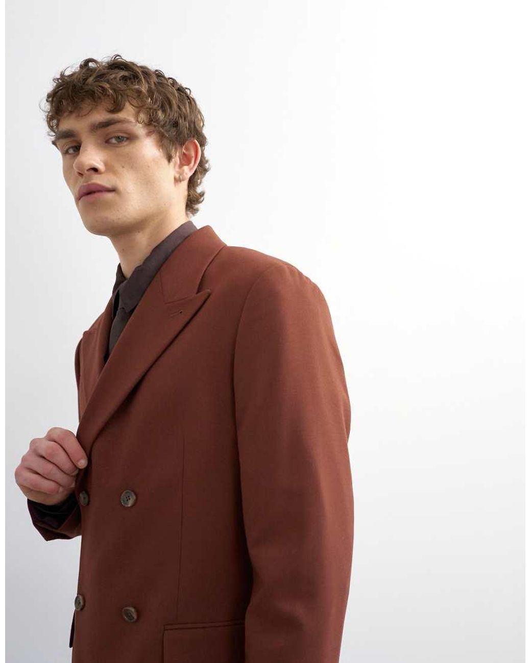 Topman Brown Relaxed Double Breasted Wool Touch Suit Jacket for men