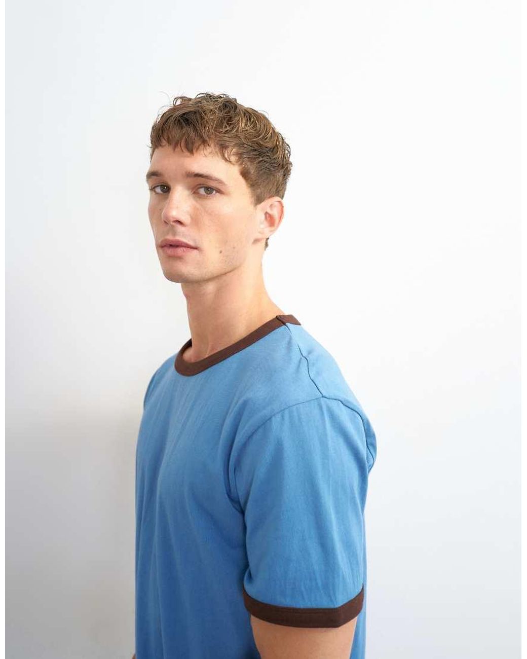 Topman Blue Classic Fit Crop Ringer T-shirt for men