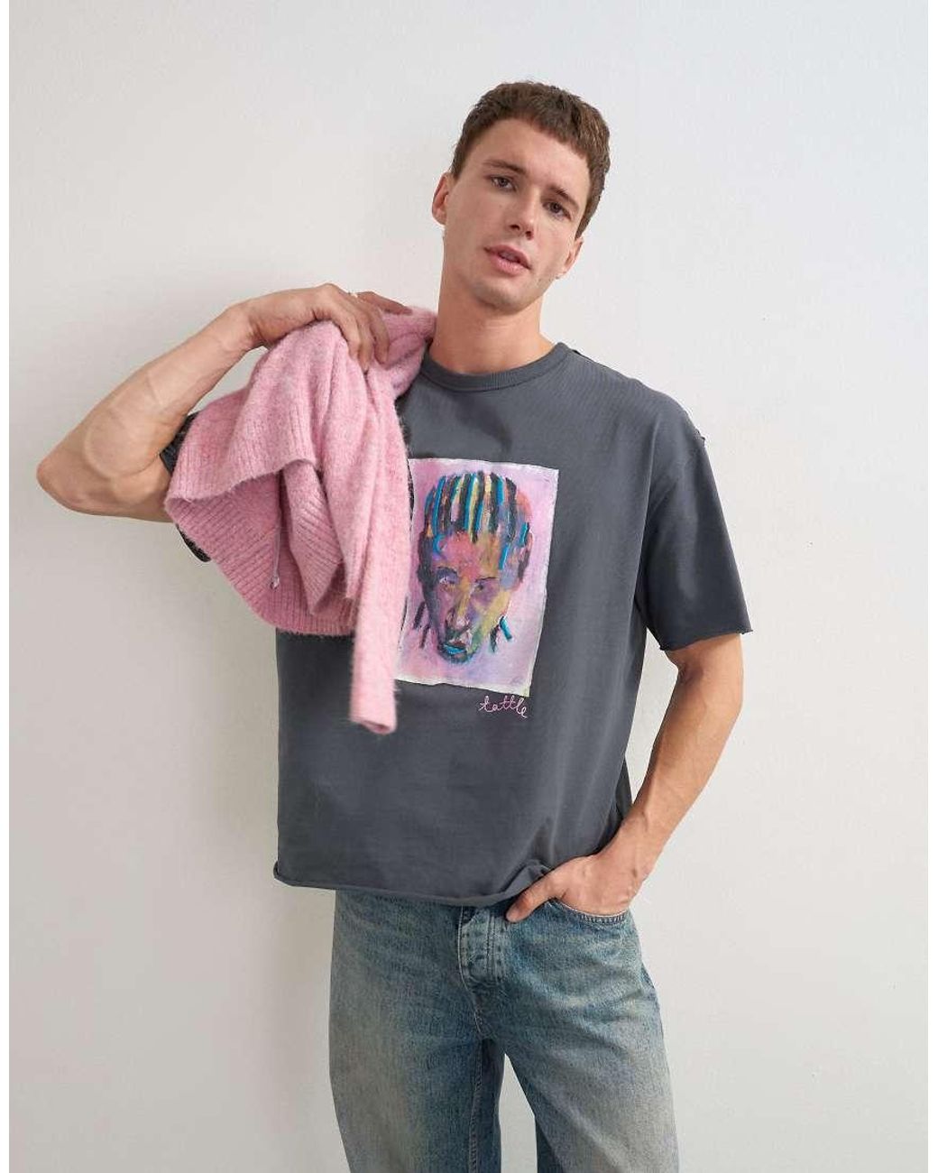 Topman Gray X Akilah Relaxed Fit Abstract Portrait Graphic T-shirt With Embroidery for men