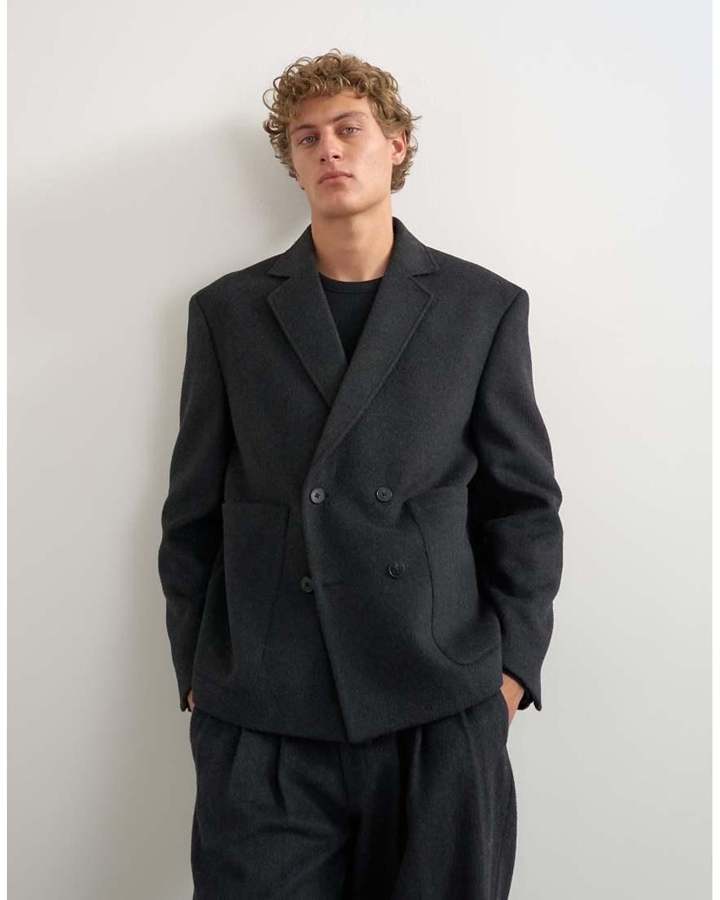 Topman Gray Boxy Fit Double Breasted Textured Blazer for men