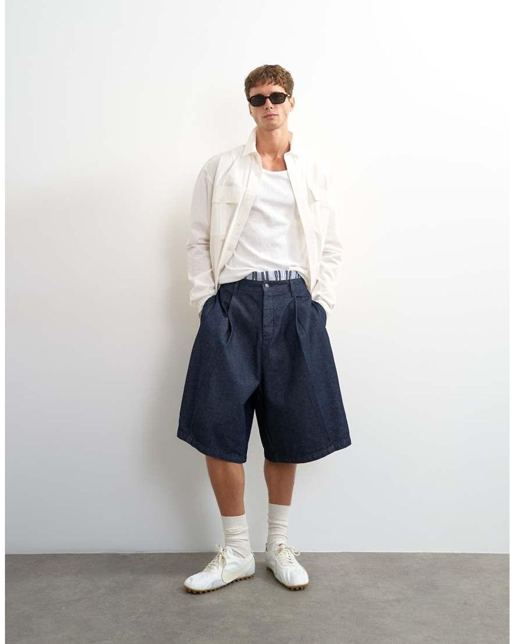 Topman Blue Wide Leg Denim Bermuda Short With Pronounced Pleat for men