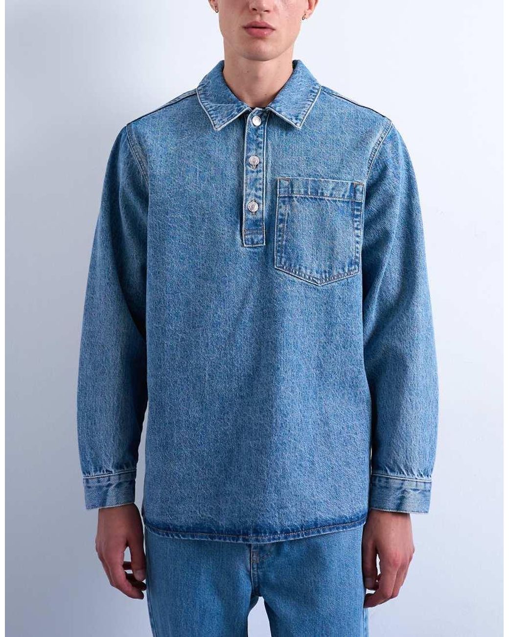 Topman Blue Relaxed Fit Overhead Denim Shirt for men
