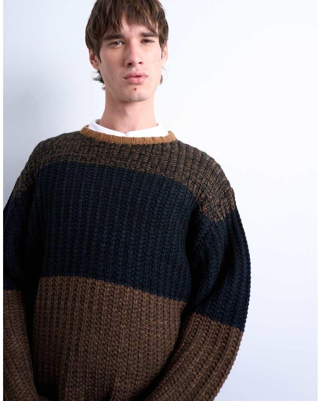 Topman Blue Oversized Fit Colour Block Stripe Jumper for men